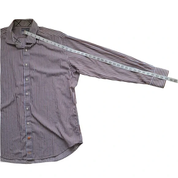 Men's Thomas Dean Blue Brown Striped Shirt XXL 100% Cotton Flip Cuff Casual - Picture 3 of 7